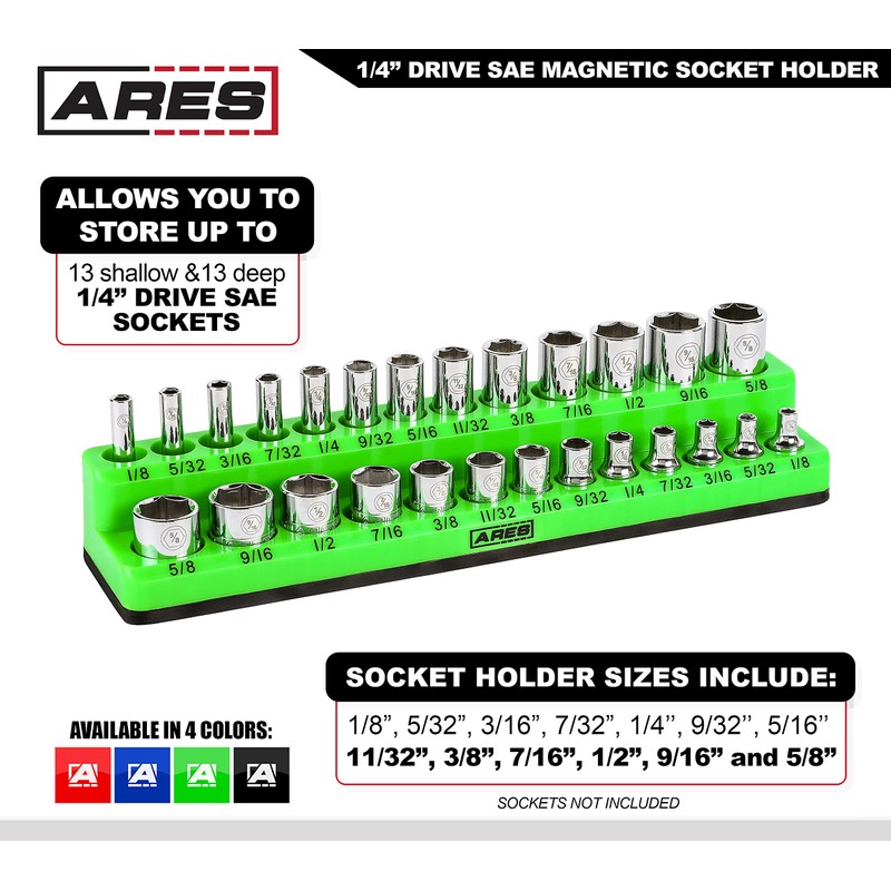 ARES 60005-26-Piece 1/4 in SAE Magnetic Socket Organizer -GREEN -Holds
