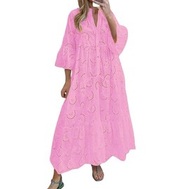 utcoco Womens Lace Embroidered Eyelet Maxi Dresses 3/4 Trumpet Sleeve Button V Neck Flowy Swing Hem Tiered A Line Dress (X-Large, Pink)