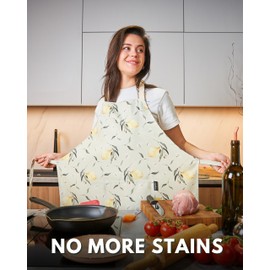 poofico Premium Adjustable Cooking Colored Aprons for Women with Pockets| Poly-Cotton Waterproof Kitchen Apron| Cute Lemon Design, Long Ties