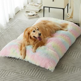 BFPETHOME Dog Beds for Large Dogs, Plush Dog Crate Bed Fluffy Cozy Kennel Pad for Sleeping &Ease Anxiety, Washable Dog Mats with Anti-Slip Bottom for Large Medium Dogs (48(48 x 29 inch, Rainbow)