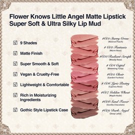 Flower Knows Little Angel Matte Lipstick,Super Soft & Ultra Silky Lip Stick,Long Lasting & Moisturizing Vegan Lip Mud for Girls&Women,Velvety Finish,3.5g,1Count(C08 Sand Tower)