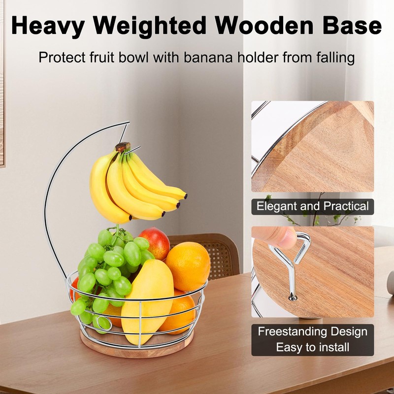Livabber Countertop Fruit Basket Bowl with Banana Hanger, Modern Standing