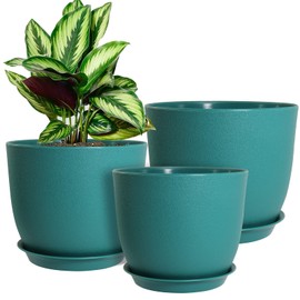 WOUSIWER Plant Pots 10/9/8 inch, Set of 3 Modern Decorative Plastic Planters with Drainage Holes and Saucers for House Plants Indoor Flowers Plants, Blue