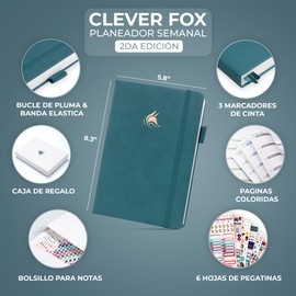 Clever Fox Planner 2 Edición en Español - Colorida Agenda de Objetivos Semanales y Mensuales, Organizadora de Tiempo, Sin Fecha A5 (Verde Azulado Oscuro)