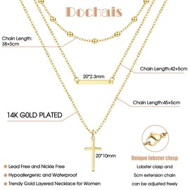 Dochais Women's Gold Necklace, 14 K Gold-Plated Layering Necklace with Pendant, Waterproof Gold Chain, Cross/Cubic Zirconia, Long Choker Chain Set for Women, Trendy Gold Jewellery, Pack of 3, Brass
