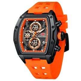 Mini Focus Men Watch Unique Tonneau Casual Wrist Watches (Chronograph/Waterproof/Luminous/Calendar/24 Hours) Silicon Band Fashion Watch for Men (Black & Orange)