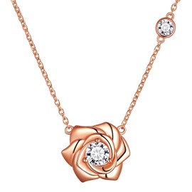Rose Gold Plated Cute Flower Rose Necklace for Girls Womens Sterling Silver CZ Diamond Rose Flower Necklace Elegant Rose Jewelry for Wife Girlfriend Birthday Anniversary Christmas Day's Gift FP0190R