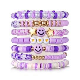 LieToi 7Pcs Purple Preppy Heishi Bracelets for Women Girls - Smile Heart Star Beaded Surfer Bracelets Polymer Clay Pearl Stackable Disc Summer Beach Layering Y2K Stretch Boho Jewelry Birthday Gift