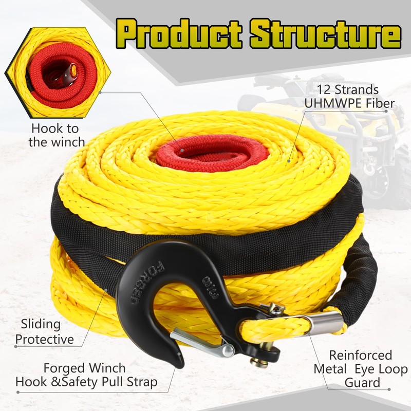 Marsui 1/2" x 100 ft Synthetic Winch Rope Cable Kit,