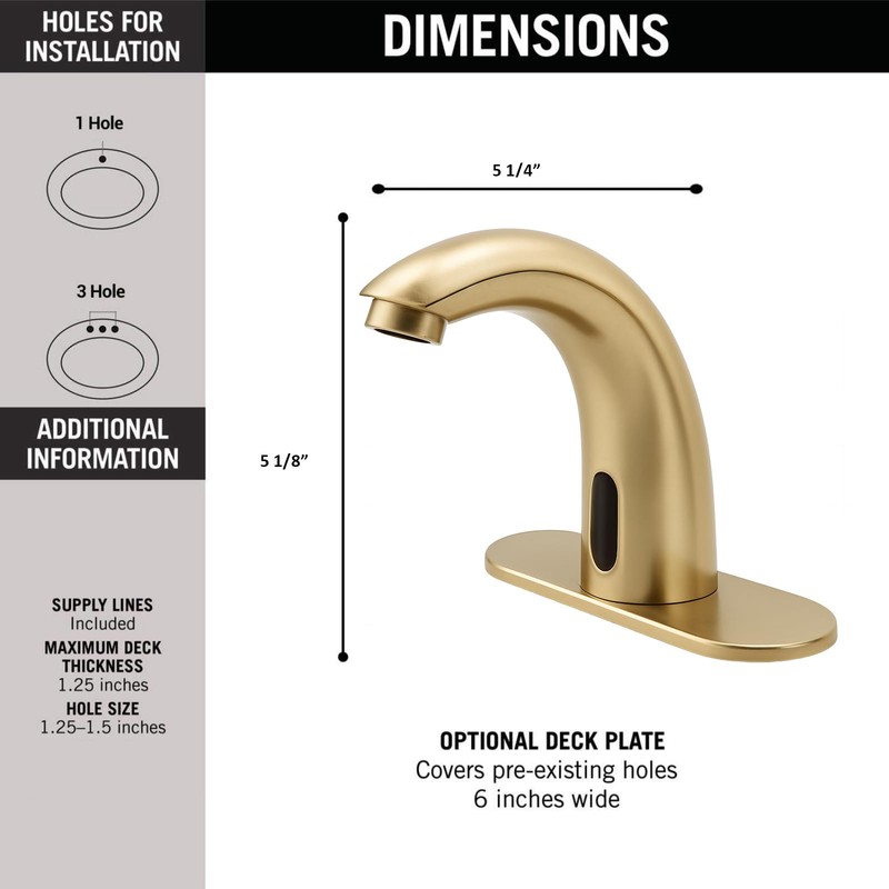 Brushed Gold Touchless Bathroom Sink Faucet - Battery Operated Automatic