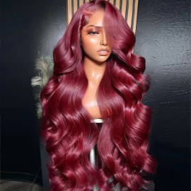 Shipping Now 13x6 Lace Front Wigs Human Hair HD Burgundy Lace Front Wig Human Hair Raw Cuticle Aligned Hair Wig Indian Wigsstyle: Body Wave, color: Burgundy Color, stretched length: 20 Inches, Lace Size: 13x6