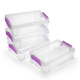 BTSKY 4 Pack Large Capacity Storage Box for Pencils, Stackable Translucent Clear Desk Organizer Box Office Supplies Storage Organizer for Gel Pens Erasers Pencils Markers etc(Purple)