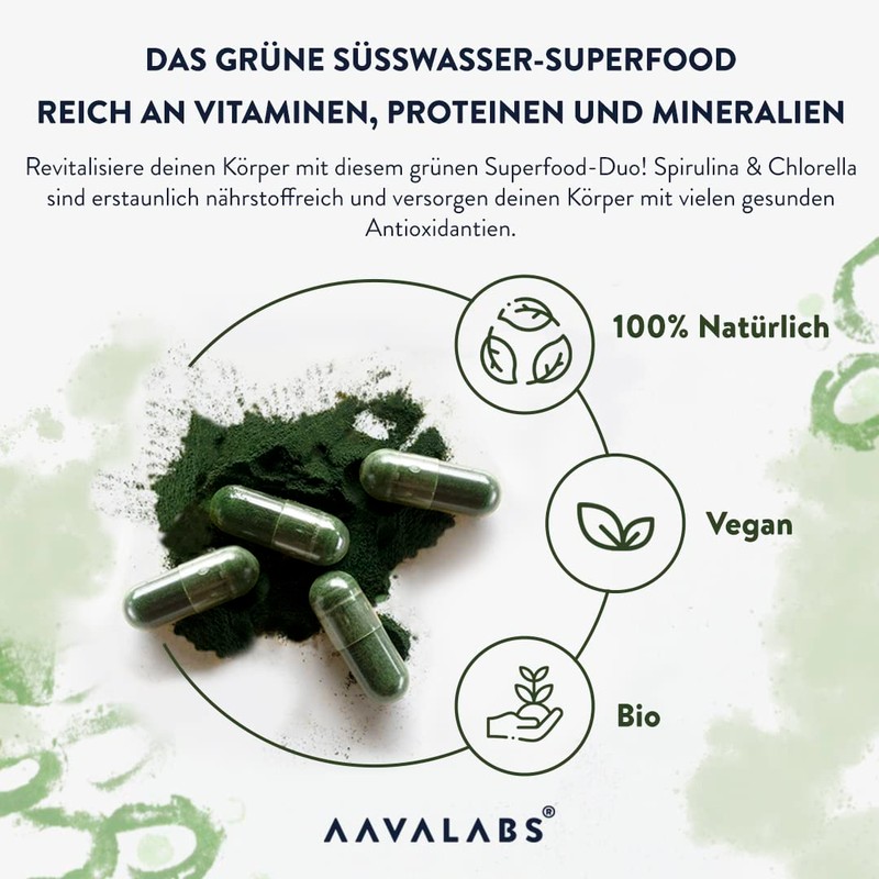 Organic Spirulina Powder and Chlorella Algae Capsules - [1800 mg]