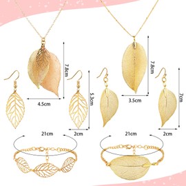 Ecally 6 Pcs Gold Long Leaf Necklace Leaf Dangle Earrings and Bracelet Jewelry Set Filigree Leaves Gifts for Women