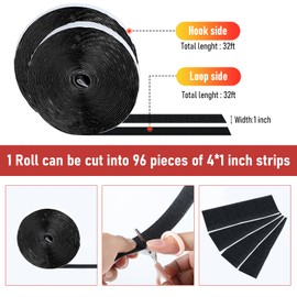 PTUNA 32Ft *1 Inch Hook and Loop Tape with Adhesive Back, Heavy Duty Double Sided Adhesive Strips, Strong Sticky Strips Roll for Home/Office/School/Car, Black