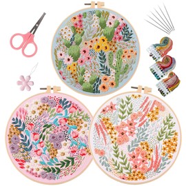 LB Pink Floral Embroidery Kit for Beginners Adults, 3 Sets Hand Embroidery Starter Kit with Cactus Flower Pattern and Instructions Stamped Cross Stitch Kits Include Embroidery Hoop Needles Threads