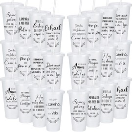 Funnymoom 60 Packs Inspirational Christian Gift for Women Men Spanish Bible Verse Tumbler Bulk 24 oz Plastic Tumblers with Lids and Straw Religious Cup Church Gifts for Sunday School (White Glitter)