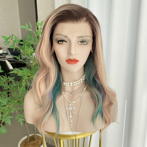 VASTCURY Pink Purple Blue Wigs Highlight Ombre Rainbow Color 13x4