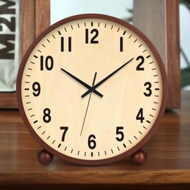 Maxspace Wooden Table Clock,8in Silent Non-Ticking Desk Clock,Battery Operated Desktop Analog Clock for Living Room Bedroom Kitchen Office Classroom Decor (Walnut)