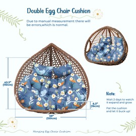 Double Egg Chair Cushion Replacement Waterproof for Outdoor Patio Hanging Basket Egg Chairs, 59x43-Inch Thickened 100% Cotton Large Double Eggs Swing Chair Cushions, Blue Peony