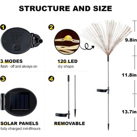YOTOZU 4 PCS Solar Firework Light, Outdoor Solar Garden Decorative Lights 120 LED Powered 40 Copper Wires String DIY Landscape Light for Walkway Pathway Backyard Parties Perfect Gifts(Cool White)