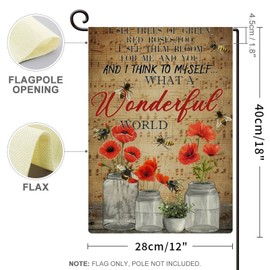 Garden Flag 12x18in, Vintage Poppy What A Wonderful World Bee Welcome Flag Vertical Double Sided, Outdoor Spring Decoration Farmhouse Small Flag for Yard Lawn Home Decor 12x18in