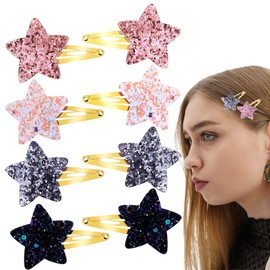 UEIOAVL Hair Clips, 8 Pieces Glitter Stars Hair Clips for Girls Shiny Fashion Hair Clips for Women and Girls Party Favors (Pink, Silver, Black, AB Color)
