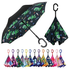 MRTLLOA 40/49/56 Inch Oversize Windproof Inverted Reverse Upside Down Umbrella, Golf Size Rain Umbrella, Double Layer, C-Shaped Handle for Men, Women and Kids (Space Dinosaurs, 40 Inch)