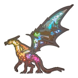 3D Wooden Animals Carving LED Night Light, Wood Carved Lamp Modern Festival Decoration Home Decor Desktop Desk Table Living Room Bedroom Office Shelf Statues Gifts (Remote Control Multi-Color：Dragon)