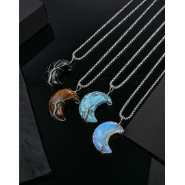 YL Crescent Moon Healing Crystal Necklace for Women, Tree Life Wire Wrapped Stainless Steel Gemstone Natural Stone Pendant Box Chain Jewelry Gifts, Stainless Steel, Created Opal