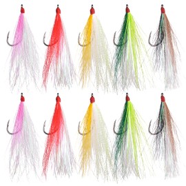 OROOTL Fishing Bucktail Teaser Hooks, 10pcs Saltwater Fishing Jigs Teaser Lures High Carbon Steel Hooks with Crystal Flash Feather Skirt for Flounder Salmon Trout Sea Bass Steelhead