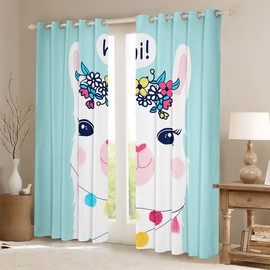 Feelyou Girls Cute Llama Curtain for Bedroom Living Room Cartoon Llama Alpaca Blackout Drapes (30-50%) Daughter Teal Lovely Animal Decor Drakening Window Curtains Treatments (2 Panels, 42 x 84 Inch)