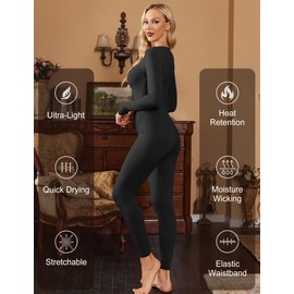 Ekouaer Womens Thermal Underwear Sets Long Johns Long Sleeve Base Layer Pajama Top and Leggings Set Cold Weather Black M