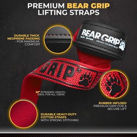 BEAR GRIP Straps - Premium Neoprene Padded Heavy Duty Double Stitched Weight Lifting Gym Straps, Deadlift, Gym Accessories for Men and Women, Advanced Gel Grip, 100% cotton, Extra long length (Red)