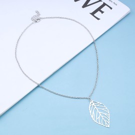 Cimenexe Bohemian Leaf Pendant Necklace Hollow Leaf Necklace Chain Silver Cutout Leaf Choker Necklace Adjustable Botanical Chain Necklace Jewelry for Women and Girls