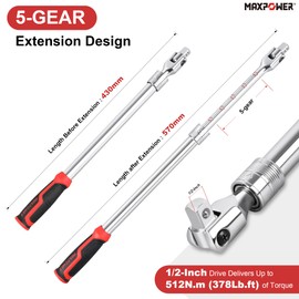MAXPOWER Breaker Bar, 1/2-Inch Drive Extendable Breaker Bar Flex Handle Length Adjustment 17 inches to 22-1/2 inches