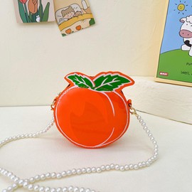 ZOONAI Little Girls Purse, Cute Peach Crossbody Handbag with with Pearl Strap, Kids Small Coin Purse Pouch Birthday Gifts (Orange)