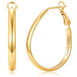 RANKEEF 4 mm Wide Large Oval Hoop Earrings for Women Non-marbles 14K Golden Earrings Women's Hypoallergenic 925 Sterling Silver Post Lightweight Large Silver Hoop Earrings Secure Clasp 30/40/50/60 mm