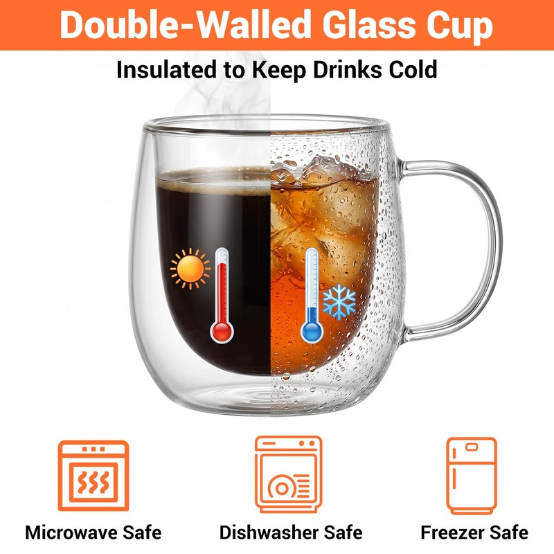 4 Pack Double Walled Glass Coffee Mugs with Handle, 10oz