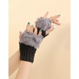 Unbranded Women Fingerless Gloves Faux Fur Gray Knitted Fall Winter Pattern Warmer Wrist