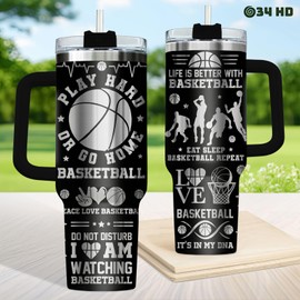 34HD Basketball Tumbler with Handle & Straw, 40oz Stainless Steel Vacuum Insulated Coach Tumbler, Basketball Gifts for Boys Men, Sport Fan Gifts for Birthday Back to School Christmas