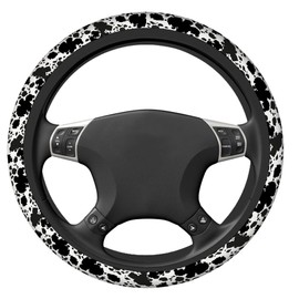 Swono Cow Leather Skin Black Non-Slip Steering Wheel Cover Cow Leather Skin White Black Neoprene Car Steering Wheel Covers Grip Automotive Steering Wheel Protector Auto Car Wrap Cover 15 Inch
