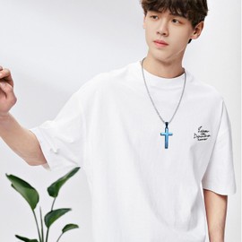 JEWELRYWE Men's Stainless Steel Cross Necklace, Cross Necklace, Bible, Color: Blue, Stainless Steel, No Gemstone