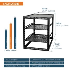 Tecmojo 16U Open Frame Network Rack for IT & AV Gear, AV Rack Floor Standing or Wall Mounted,with 2 PCS 1U Rack Shelves & Mounting Hardware,Network Rack for 19" Networking,Audio and Video Device
