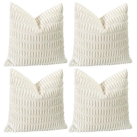 Sungeek Set of 4 Soft Corduroy Decorative Cushion Covers 45x45cm, Square Striped Throw Pillow Covers 18x18 Inch for Sofa Couch Bedroom Patio Farmhouse, Boho Home Decor Pillowcases (Cream White)