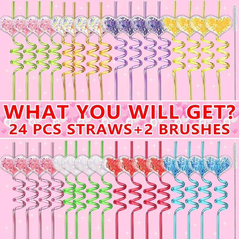24 Reusable Glitter Heart Drinking Straws,Bachelorette Children's Day Decor
