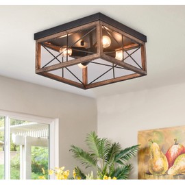 Aiwen 4-Light Rustic Wood Flush Mount Ceiling Light Metal Square Cage Farmhouse Lighting Close to Ceiling Light Fixture Black for Dining Room Bedroom Living Room Kitchen Hallway Entryway Foyer