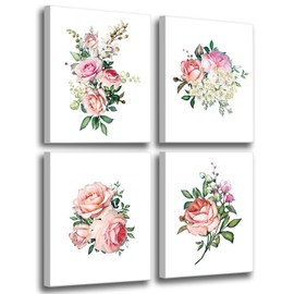Pink Rose Framed Canvas Wall Art Set，Pink Rose Canvas Painting Flower Wall Art,Modern Wall Decor，Bathroom Living Room Girls Bedroom -Framed, 8"x10"x3