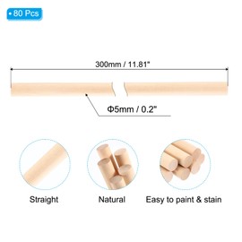 PATIKIL 1/5x11.81inch Wooden Dowel, 80 Pcs Dowel Rod Wood Dowels Wood Sticks Unfinished Round Hardwood for Crafts DIY Home Decor 5mm x 300mm