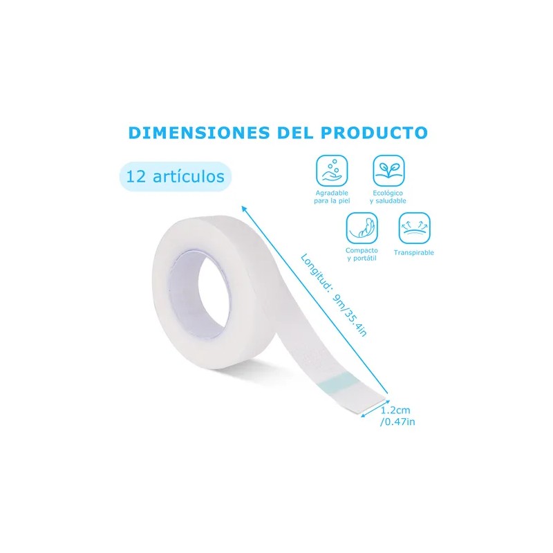 12 Cintas Extension Pestañas Micropore Transpirable Blanco